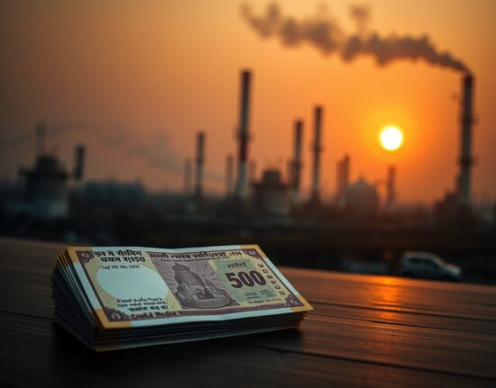 Stack of Indian rupee banknotes with oil refinery in background representing currency pressure from oil prices