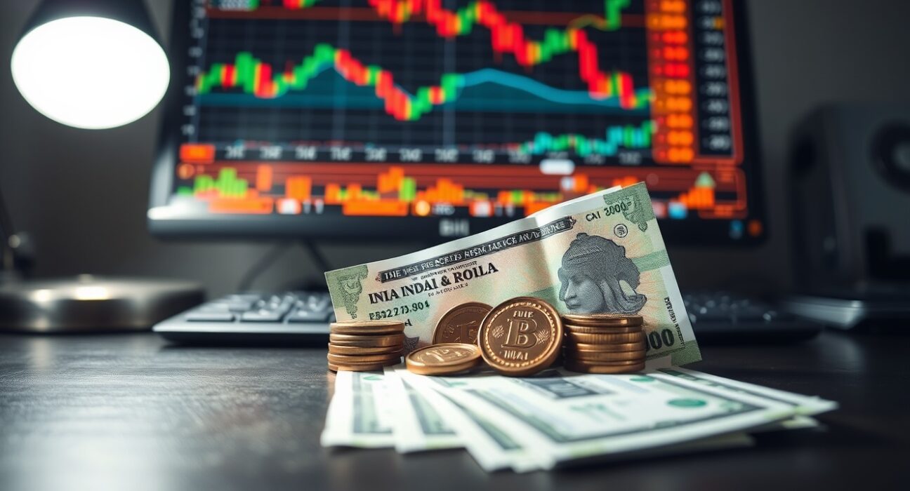 Indian Rupee banknotes and coins on a desk with a forex chart monitor in the background