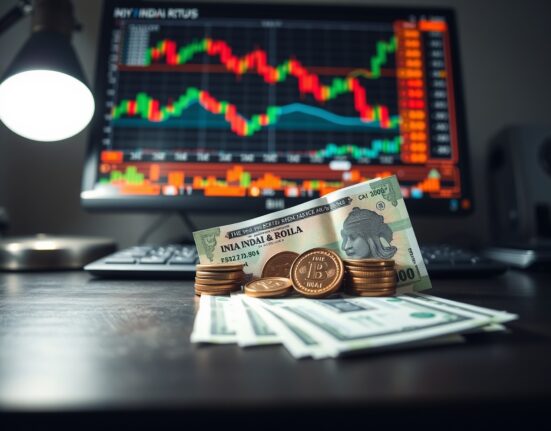 Indian Rupee banknotes and coins on a desk with a forex chart monitor in the background