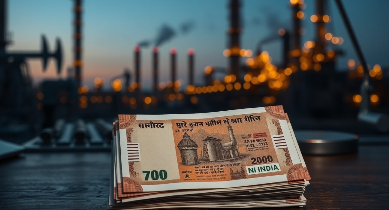 Indian rupee notes and coins on desk with blurred oil refinery background representing energy price pressures
