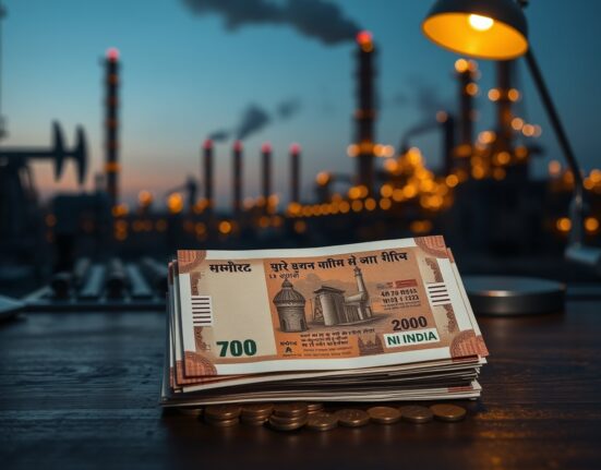 Indian rupee notes and coins on desk with blurred oil refinery background representing energy price pressures