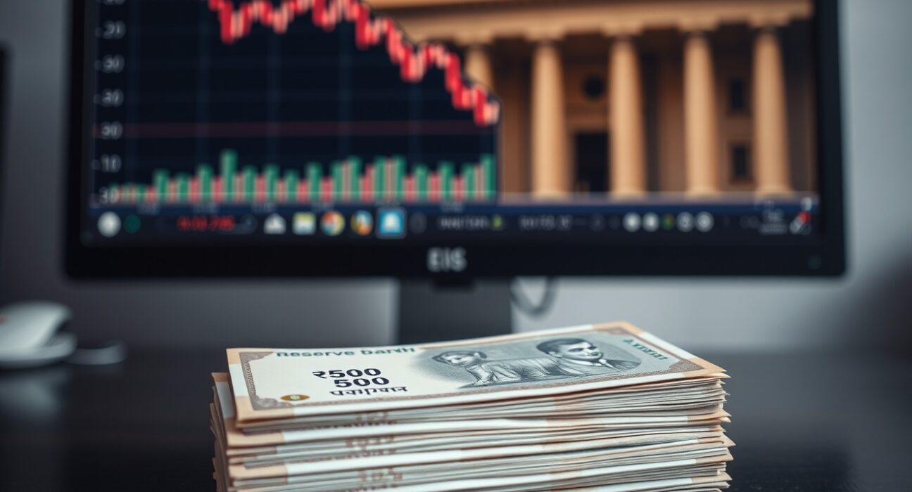 Stack of Indian rupee notes with a blurred forex chart and RBI building in background