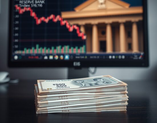 Stack of Indian rupee notes with a blurred forex chart and RBI building in background