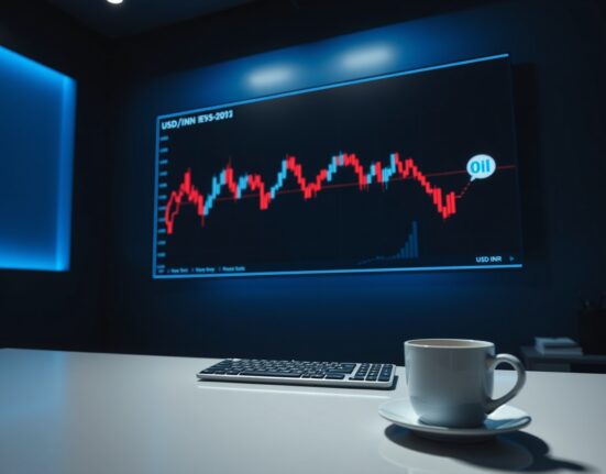 Digital display showing USD/INR chart with oil barrel icon in a dimly lit newsroom
