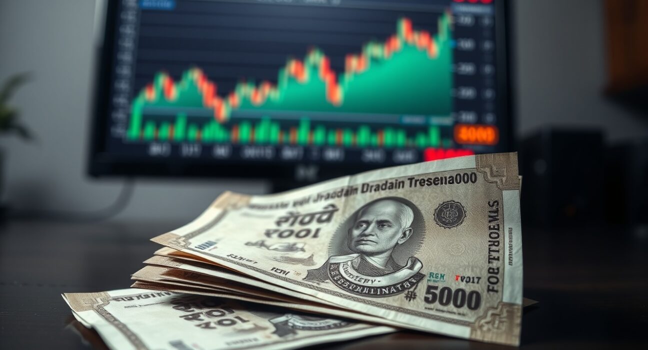 Close-up of Indian Rupee banknotes with blurred financial charts and oil price ticker in background