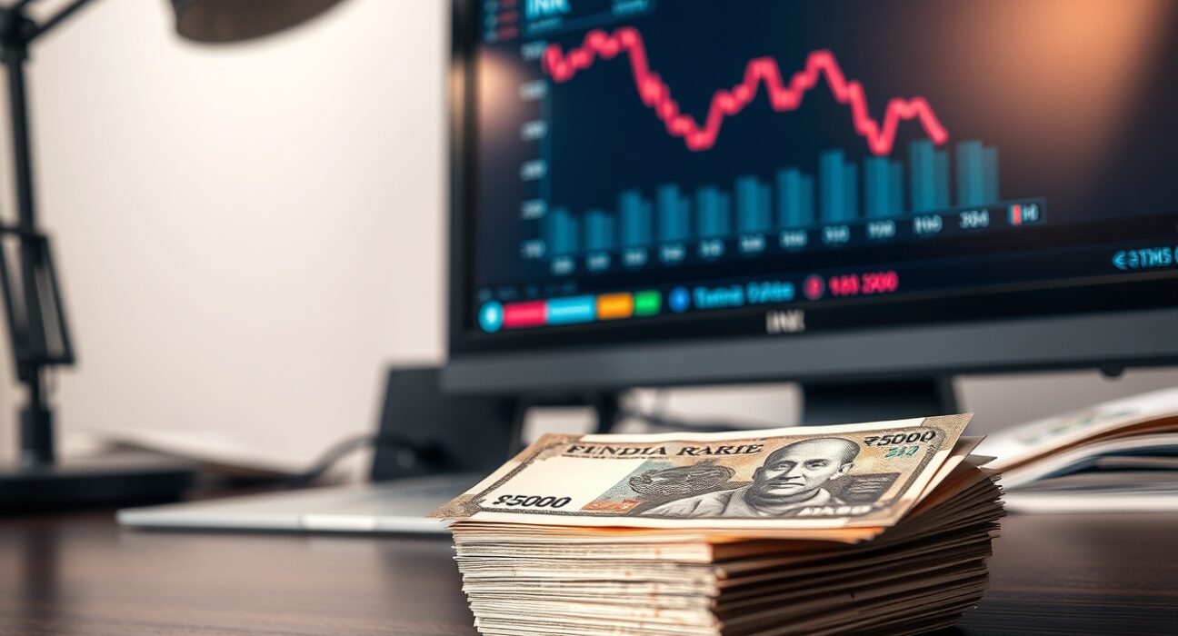Stack of Indian Rupee banknotes on a desk with a financial chart in the background
