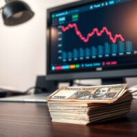Stack of Indian Rupee banknotes on a desk with a financial chart in the background