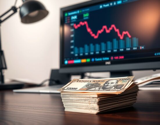 Stack of Indian Rupee banknotes on a desk with a financial chart in the background