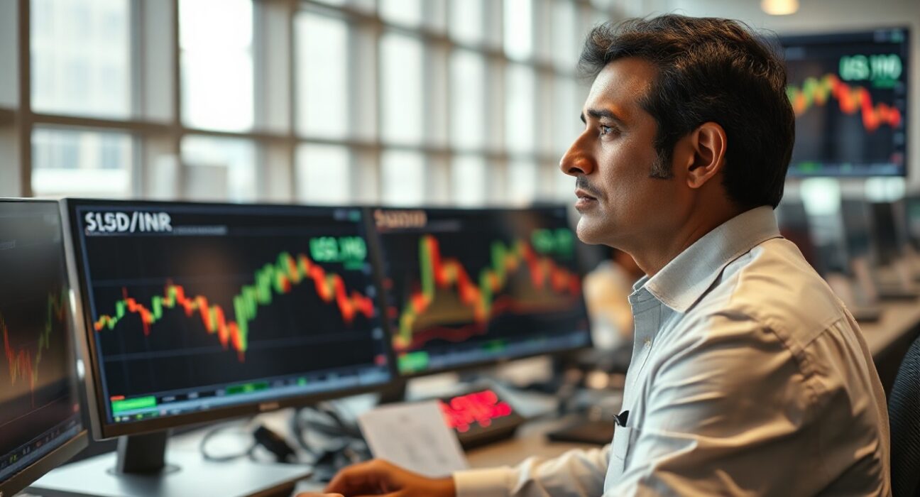 Indian currency trader monitoring forex and crude oil price charts after US-Iran deal announcement