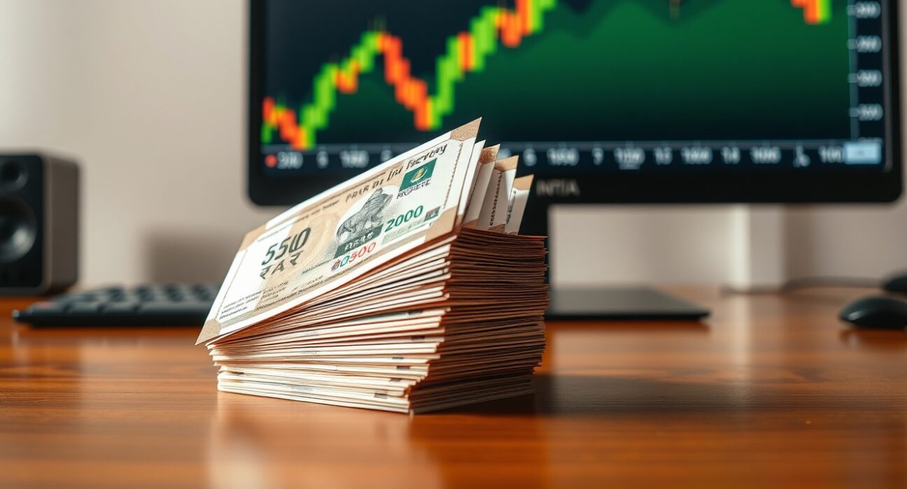 Stack of Indian rupee banknotes with forex chart in background indicating currency rally