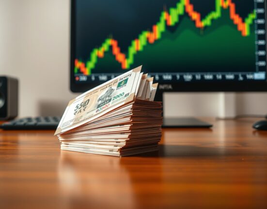 Stack of Indian rupee banknotes with forex chart in background indicating currency rally