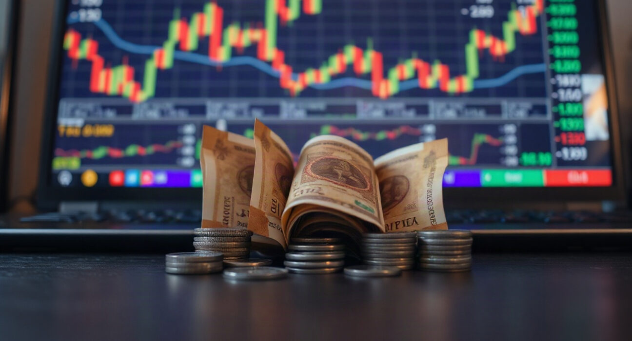 Indian rupee banknotes and coins on a desk with a chart in background