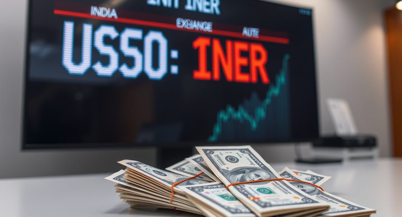 USD/INR exchange rate displayed on a trading screen with Indian rupee and US dollar banknotes on a desk.