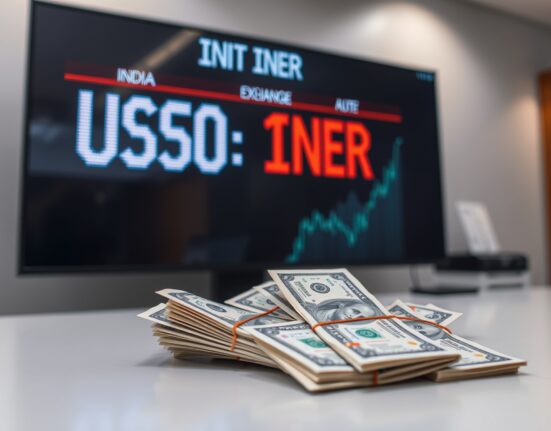 USD/INR exchange rate displayed on a trading screen with Indian rupee and US dollar banknotes on a desk.