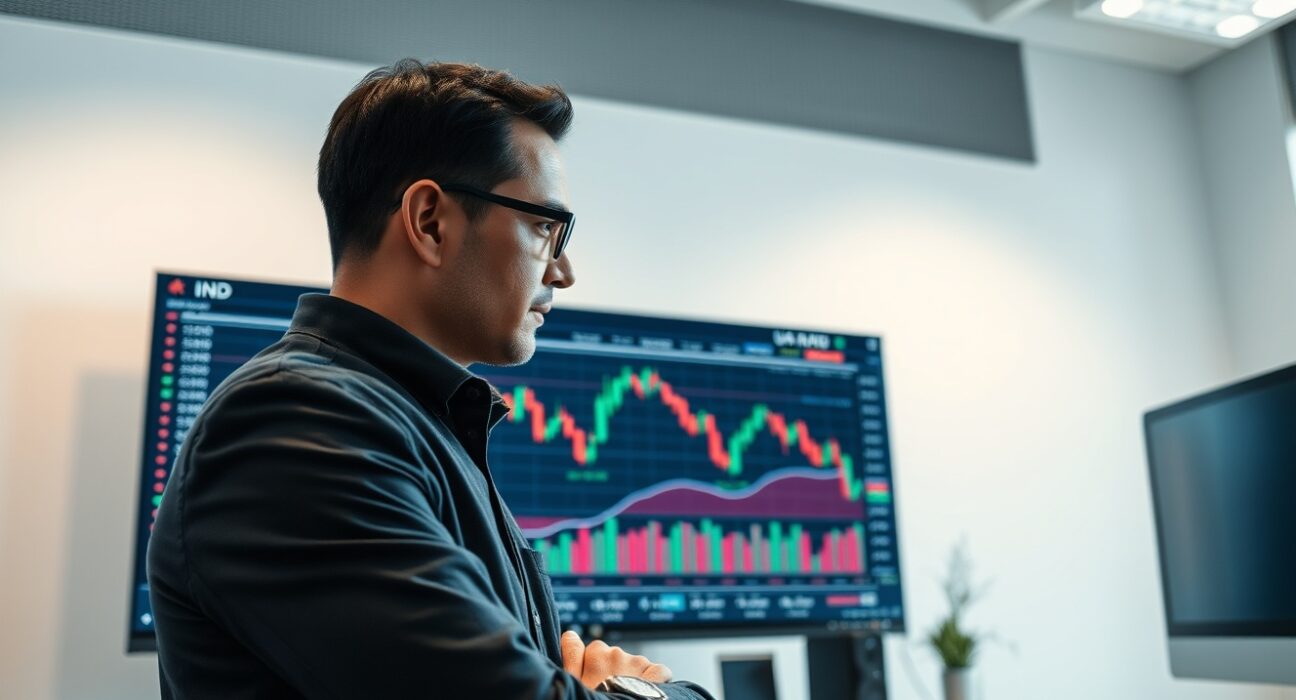 Financial analyst monitoring USD/INR exchange rate charts on a digital screen in a modern office.