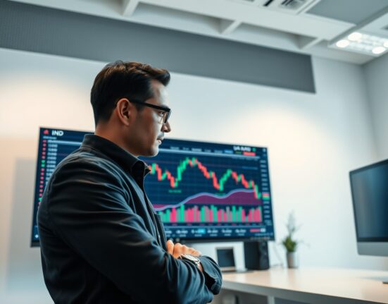 Financial analyst monitoring USD/INR exchange rate charts on a digital screen in a modern office.