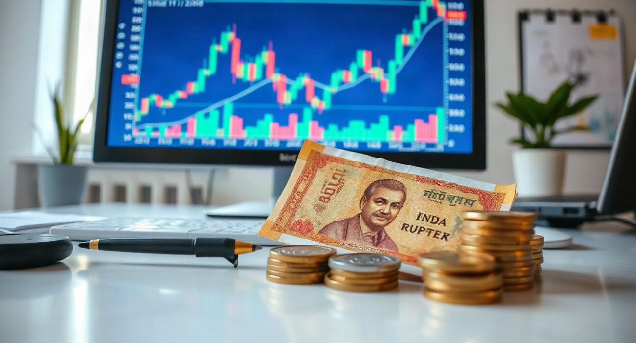 Indian Rupee notes and coins on a desk with a financial chart on a monitor, symbolizing currency market analysis.