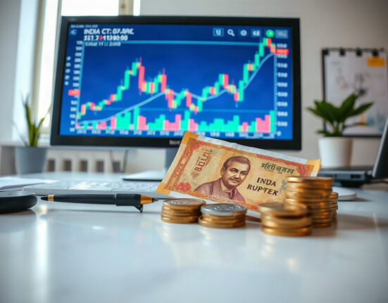 Indian Rupee notes and coins on a desk with a financial chart on a monitor, symbolizing currency market analysis.