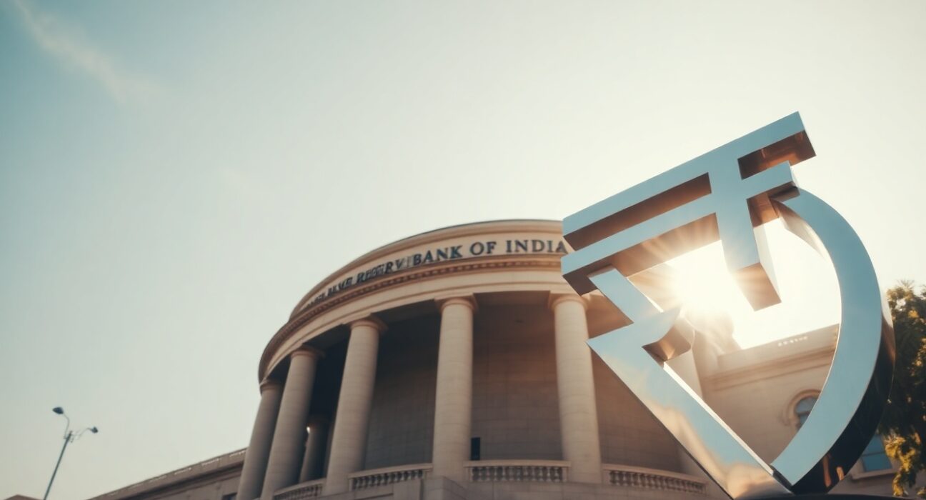 Reserve Bank of India headquarters in Mumbai, with Indian Rupee symbol in foreground