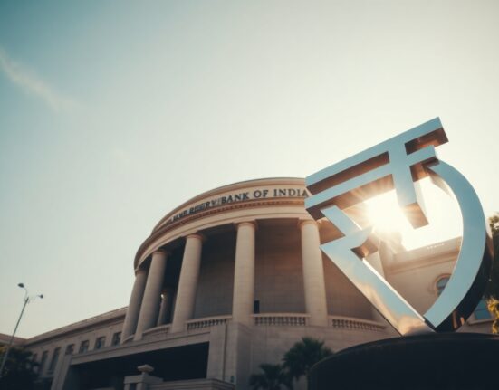 Reserve Bank of India headquarters in Mumbai, with Indian Rupee symbol in foreground