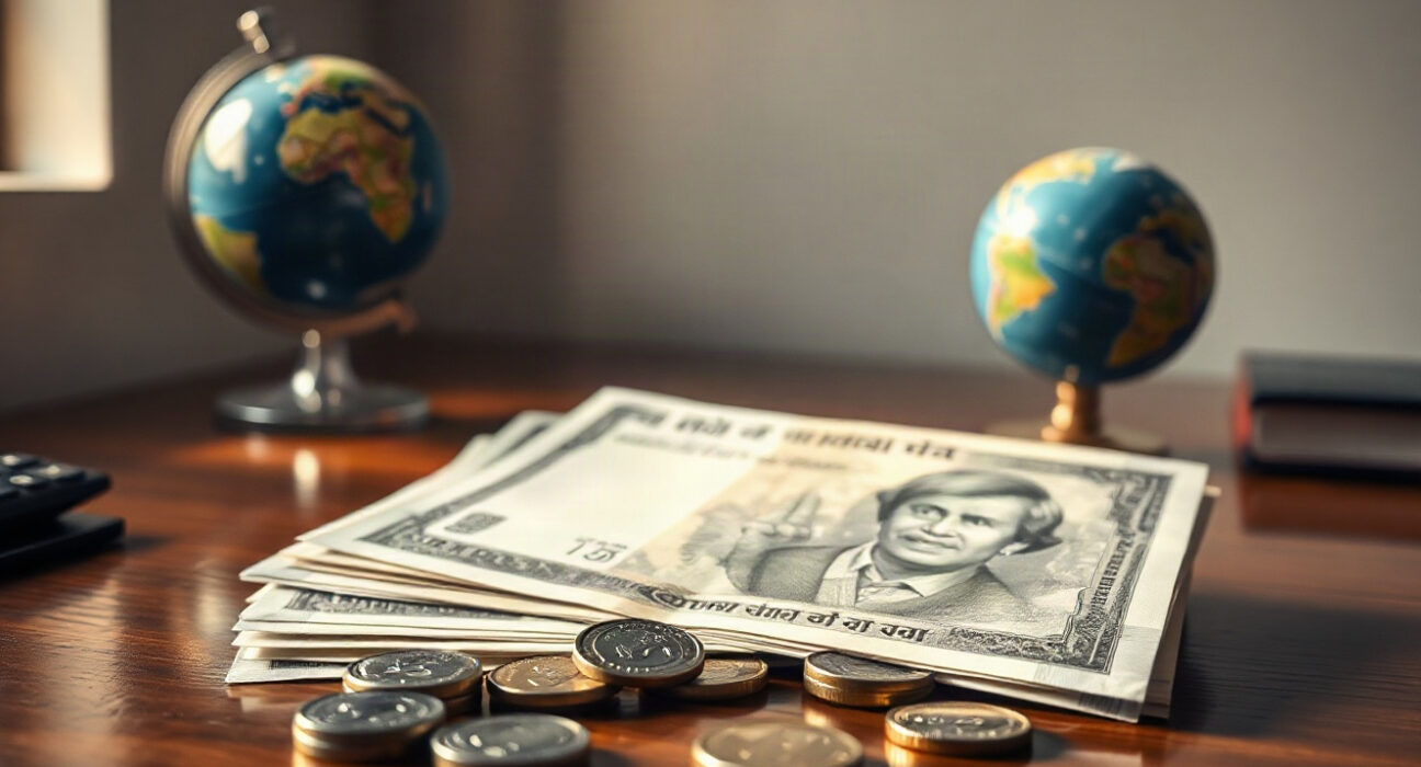 Indian Rupee notes and coins on a desk, symbolizing currency stability