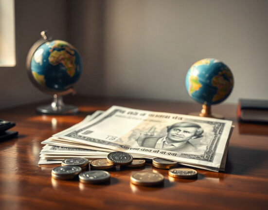 Indian Rupee notes and coins on a desk, symbolizing currency stability