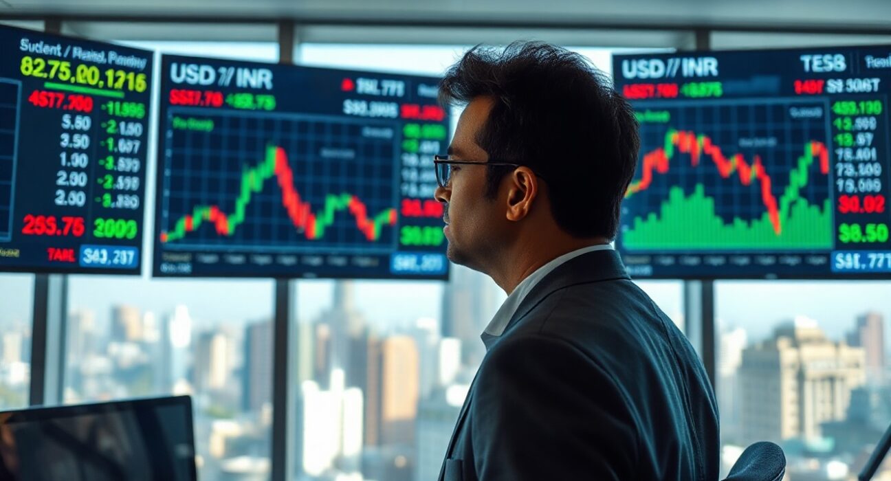 Currency trader monitoring USD/INR charts in Mumbai office