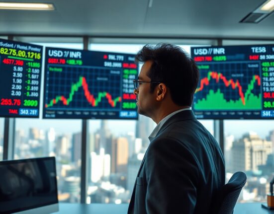 Currency trader monitoring USD/INR charts in Mumbai office