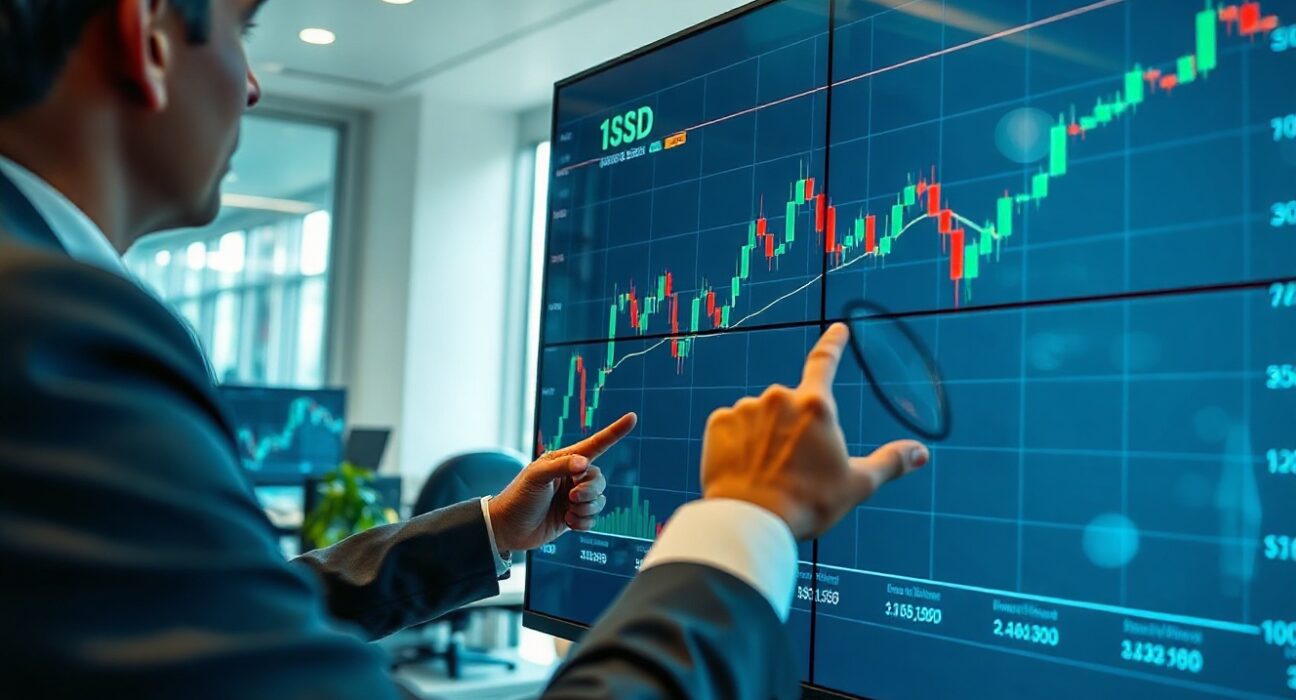Analyst pointing at digital screen showing Indian Rupee exchange rate chart