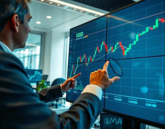 Analyst pointing at digital screen showing Indian Rupee exchange rate chart