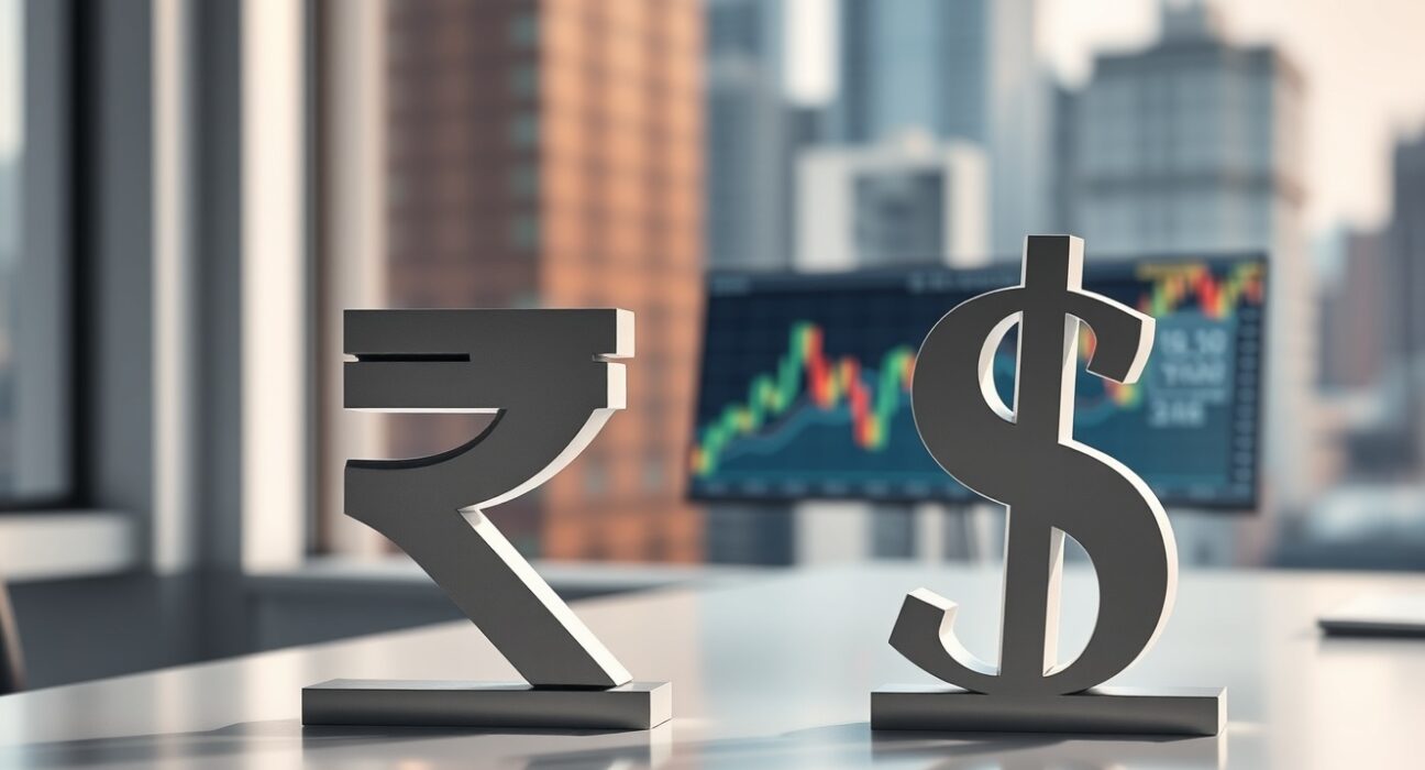 Indian Rupee and US Dollar symbols on a desk with financial district background