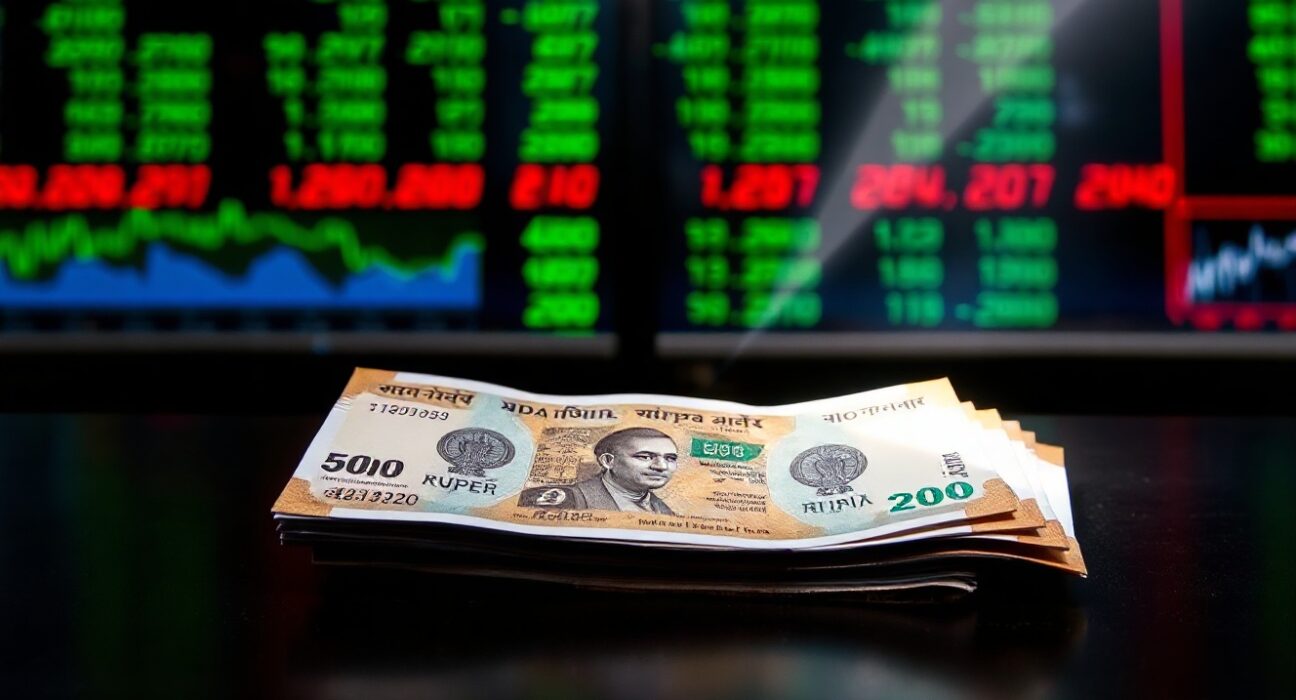 Indian rupee banknotes on a desk with blurred stock market background