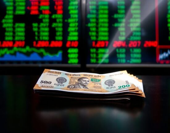 Indian rupee banknotes on a desk with blurred stock market background