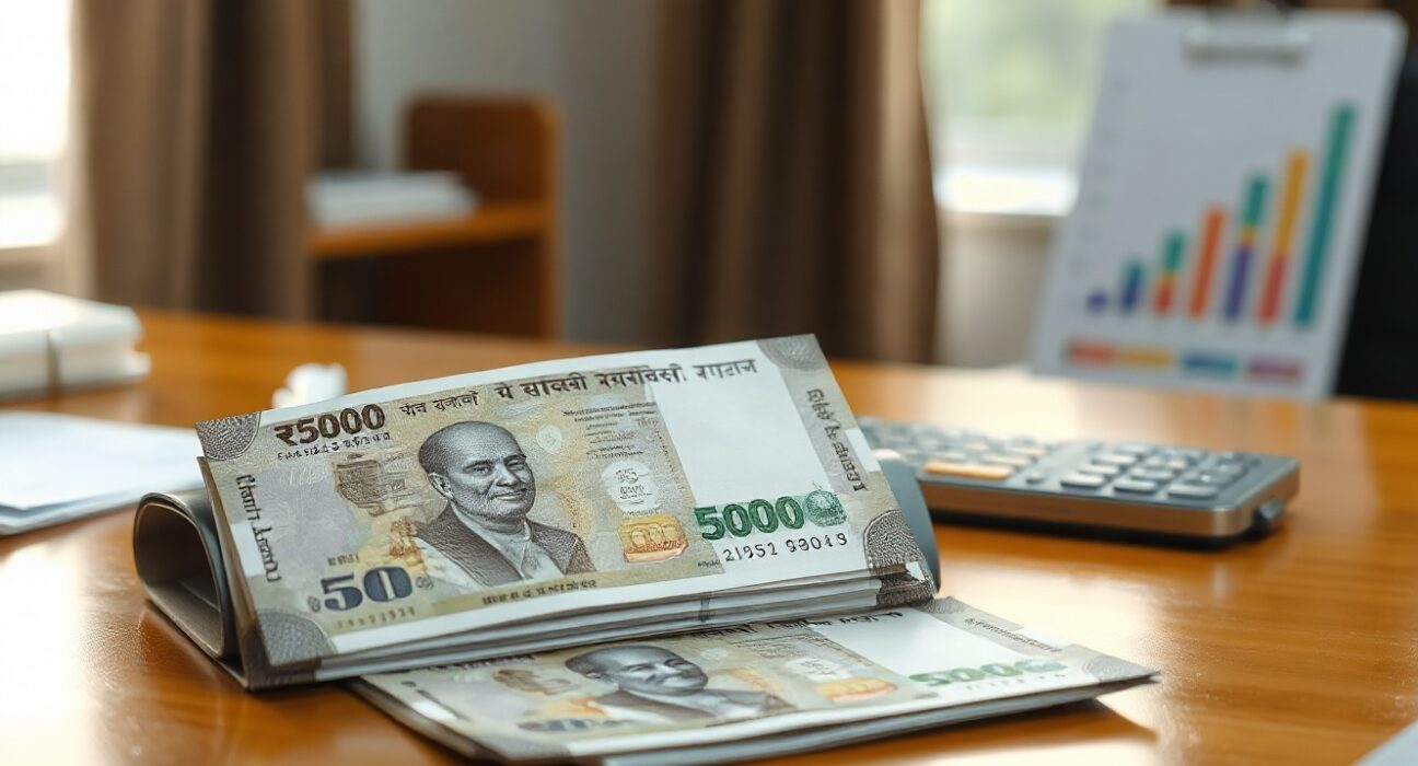 Indian rupee notes arranged on a desk with a blurred financial chart background