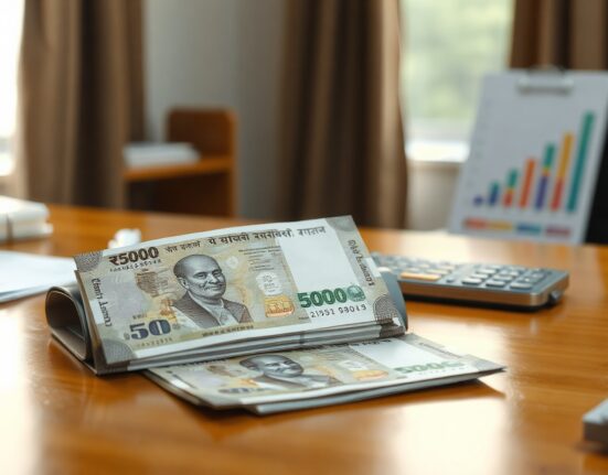 Indian rupee notes arranged on a desk with a blurred financial chart background