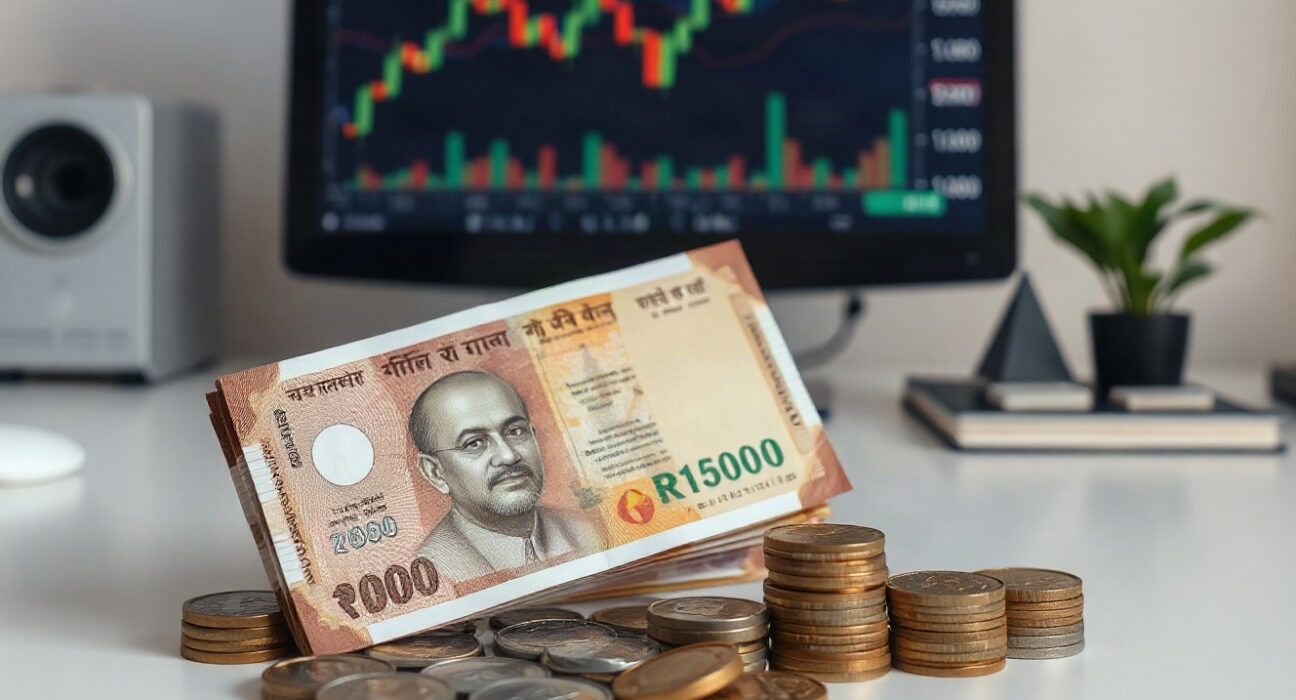 Indian rupee banknotes and coins on a desk with a financial chart in the background