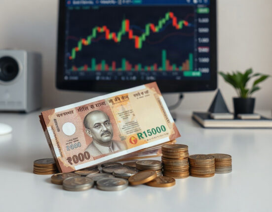 Indian rupee banknotes and coins on a desk with a financial chart in the background