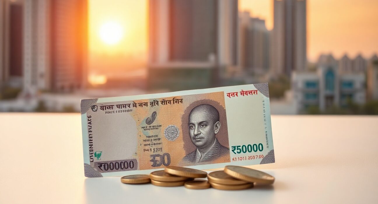 Indian rupee banknotes and coins on a surface with a financial district in the background