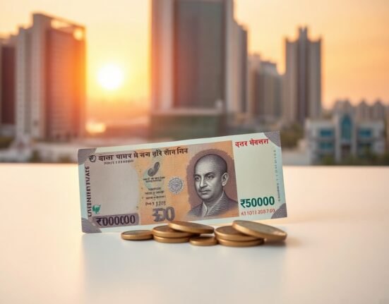 Indian rupee banknotes and coins on a surface with a financial district in the background