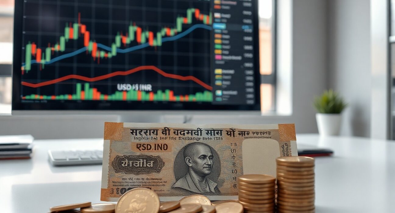 Indian Rupee banknotes on a desk with a USD/INR chart on a monitor