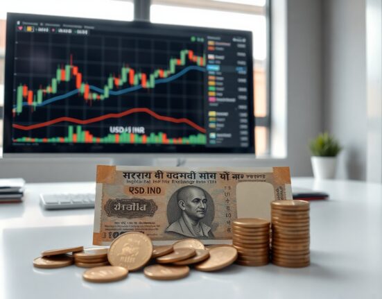 Indian Rupee banknotes on a desk with a USD/INR chart on a monitor