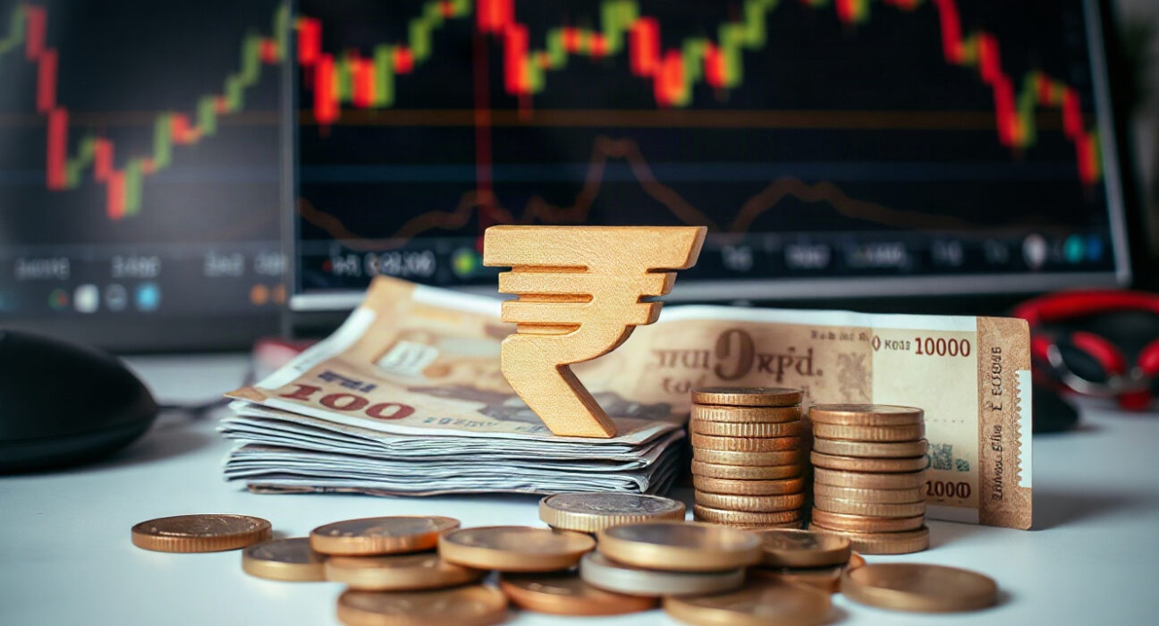 Indian Rupee currency notes and coins on a desk with financial charts in background