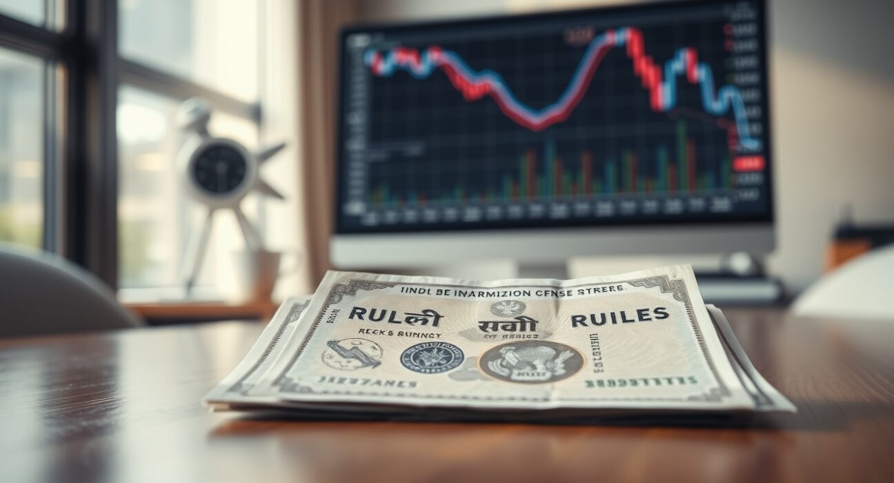 Indian rupee banknotes on a desk with a financial chart monitor in the background, representing currency market analysis.
