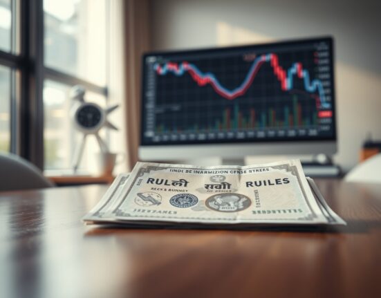 Indian rupee banknotes on a desk with a financial chart monitor in the background, representing currency market analysis.