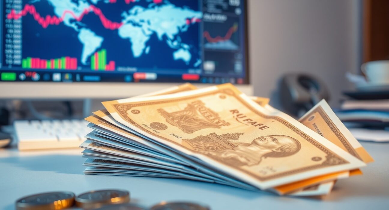 Indian rupee notes and coins on a desk with a financial chart in the background