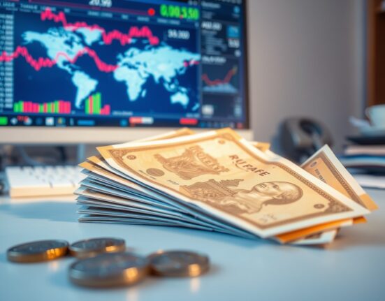 Indian rupee notes and coins on a desk with a financial chart in the background