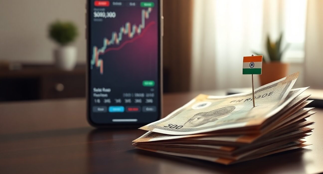 Stack of Indian Rupee banknotes with a flag pin and financial chart on a smartphone in background.