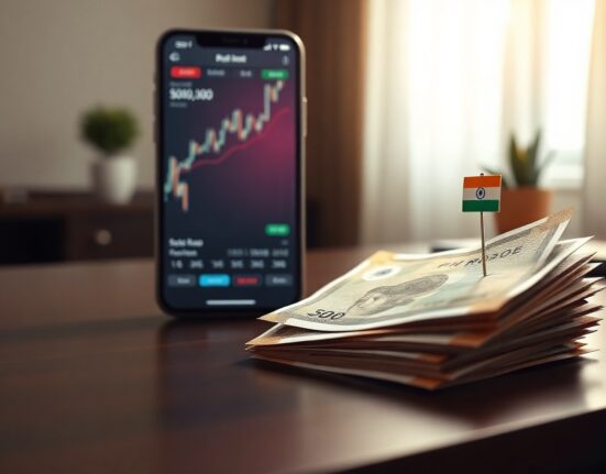 Stack of Indian Rupee banknotes with a flag pin and financial chart on a smartphone in background.