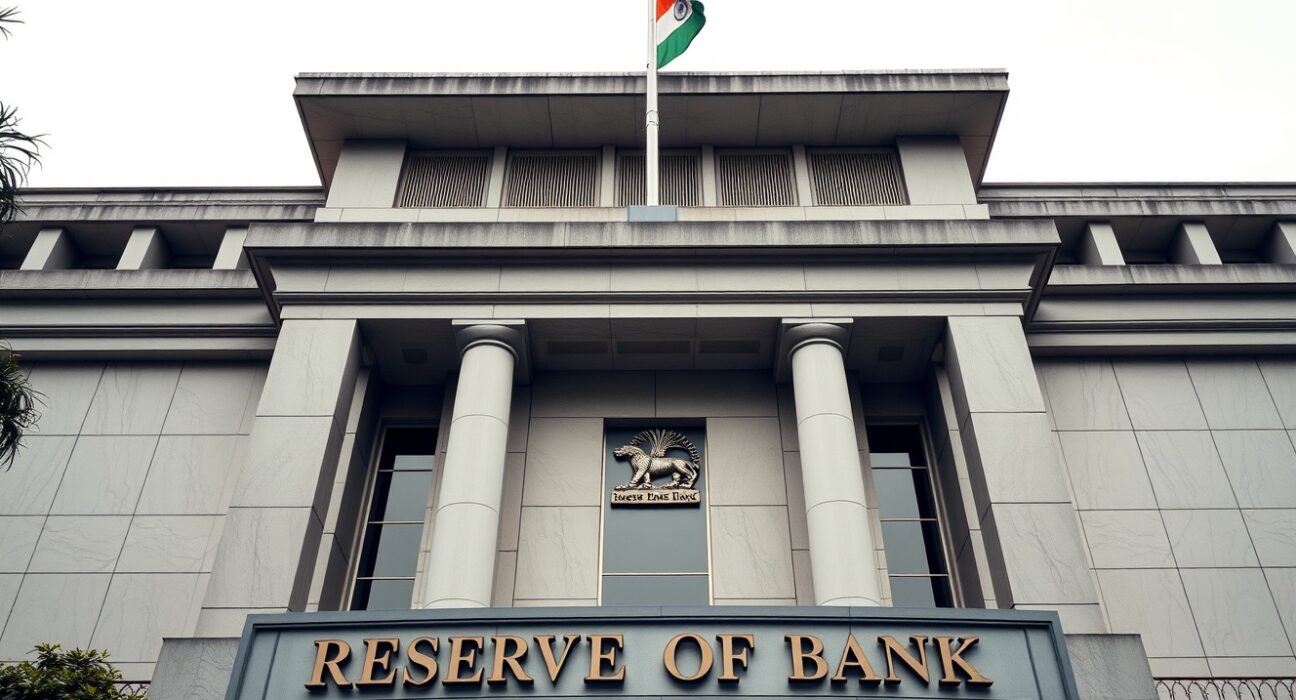 Reserve Bank of India headquarters in Mumbai, India, under overcast sky.