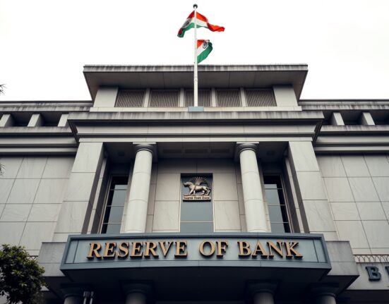 Reserve Bank of India headquarters in Mumbai, India, under overcast sky.